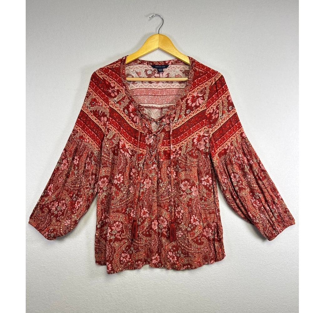 Boho Peasant American Eagle Womens Medium Red Paisley Floral Lace Up Blouse